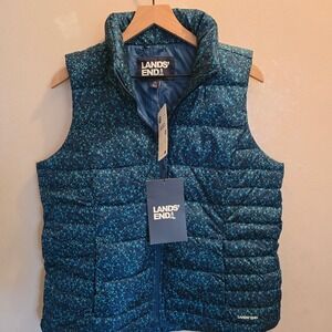 Lands End Womens‎ Puffer Vest Teal Geometric Full Zip Lightweight Insulated L